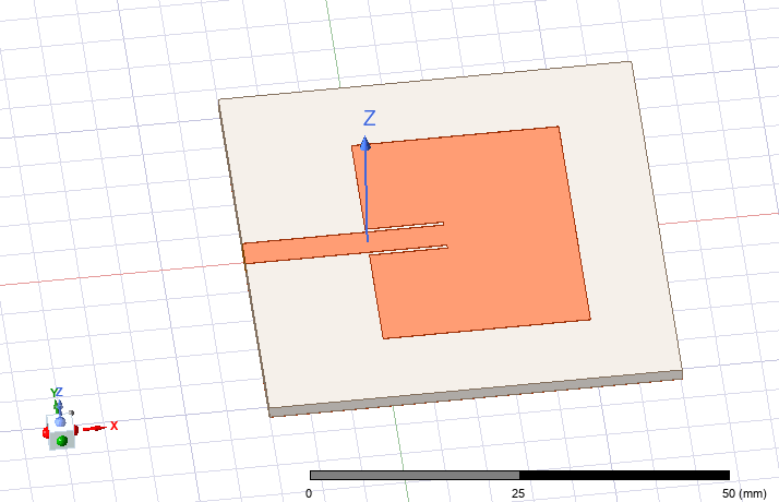 Final HFSS geometry of the tuned 3 GHz inset-fed rectangular patch antenna used as the reference configuration.