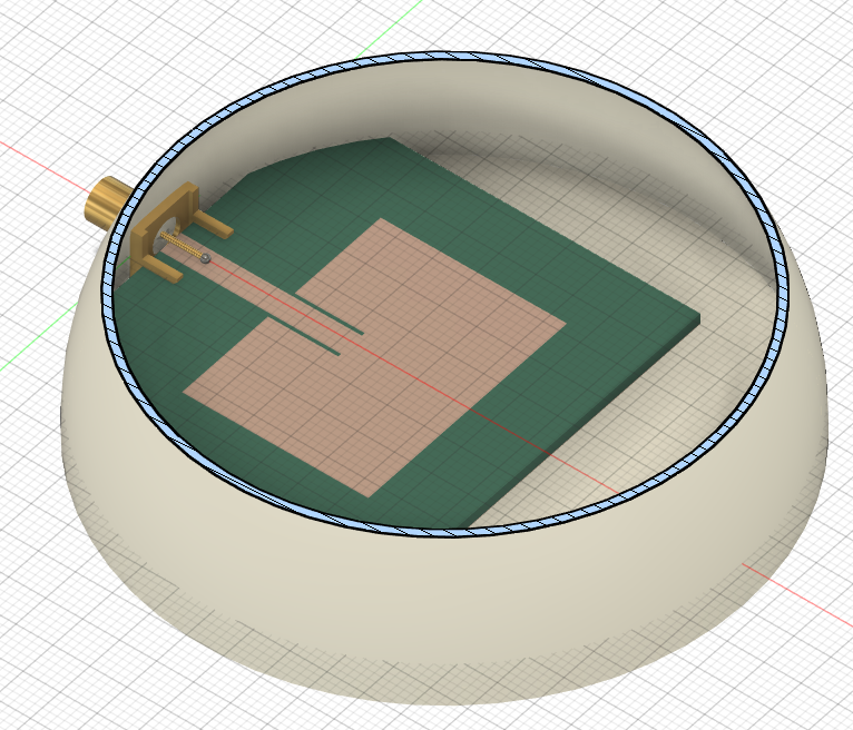 Cross-sectional view of the final mechanical assembly showing the antenna inside the radome.