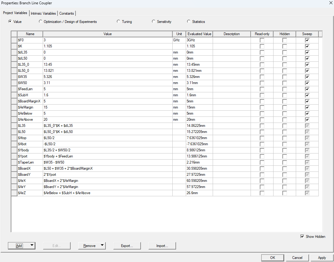 HFSS project variables for parametric model