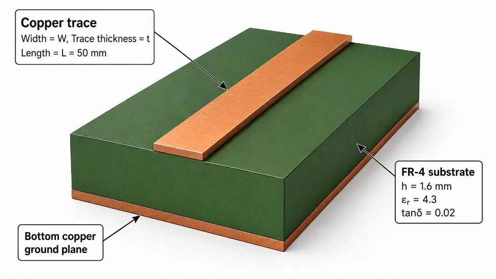 Baseline 3D microstrip geometry with top copper trace, FR-4 substrate, and bottom ground plane