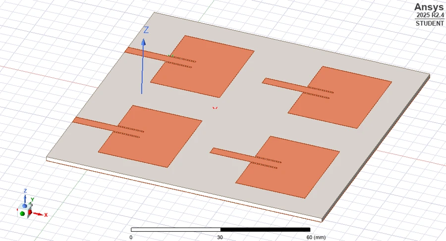 HFSS model of the four-element 2×2 planar patch array