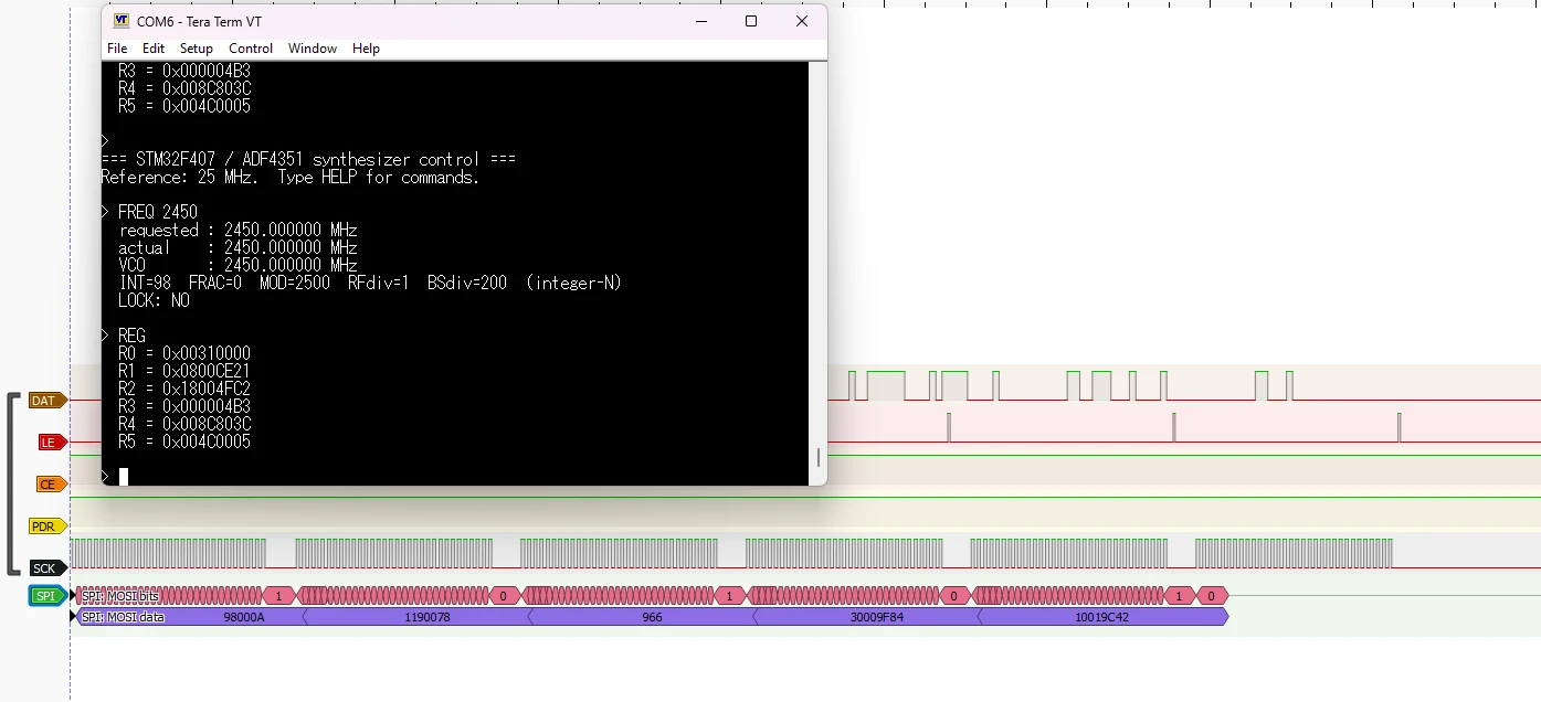 Figure 11.1 - Logic-analyzer capture of an ADF4351 register write showing 32 serial data bits followed by the LE latch pulse.