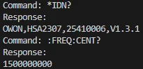 Figure 3.1 - Successful communication with the HSA2307 using basic SCPI-style commands