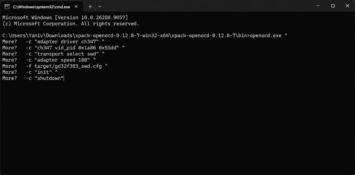 Figure 4.4 - OpenOCD configuration for SWD access using the CH347 adapter