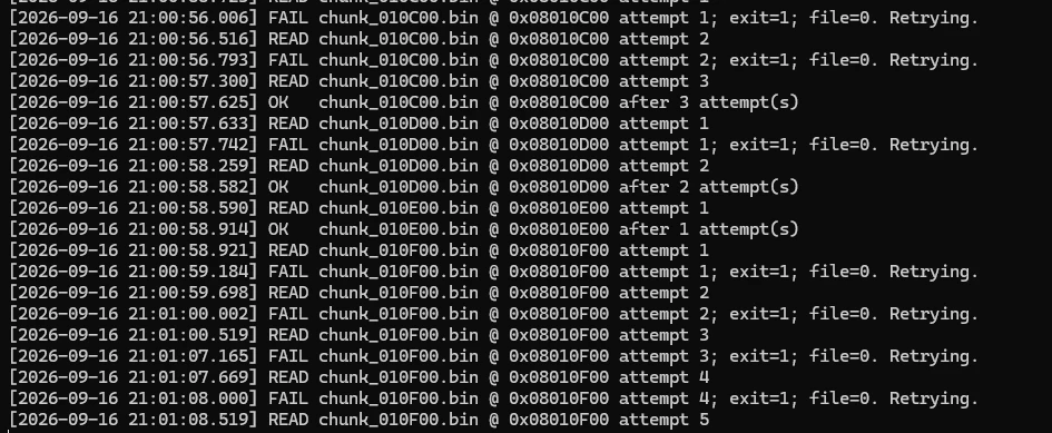 Figure 4.6 - Chunked HSA2307 flash extraction with automatic retries