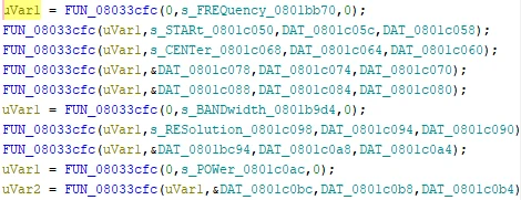 Figure 5.2 - Decompiled command-registration sequence showing STARt, CENTer, STOP, and SPAN registered beneath the FREQuency command node.