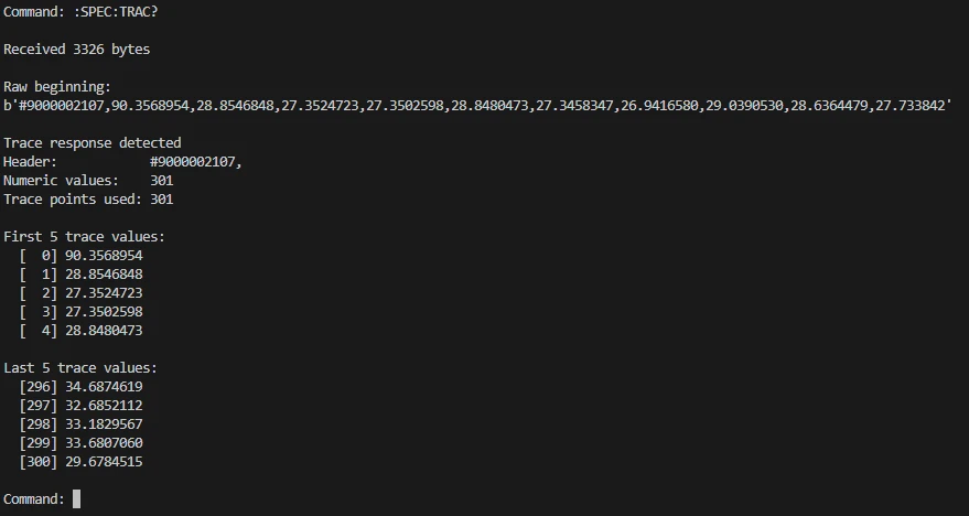 Figure 6.1 - Successful spectrum-trace acquisition using the recovered :SPEC:TRAC? query. The response begins with the firmware-identified #9000002107 header and contains exactly 301 floating-point trace values.