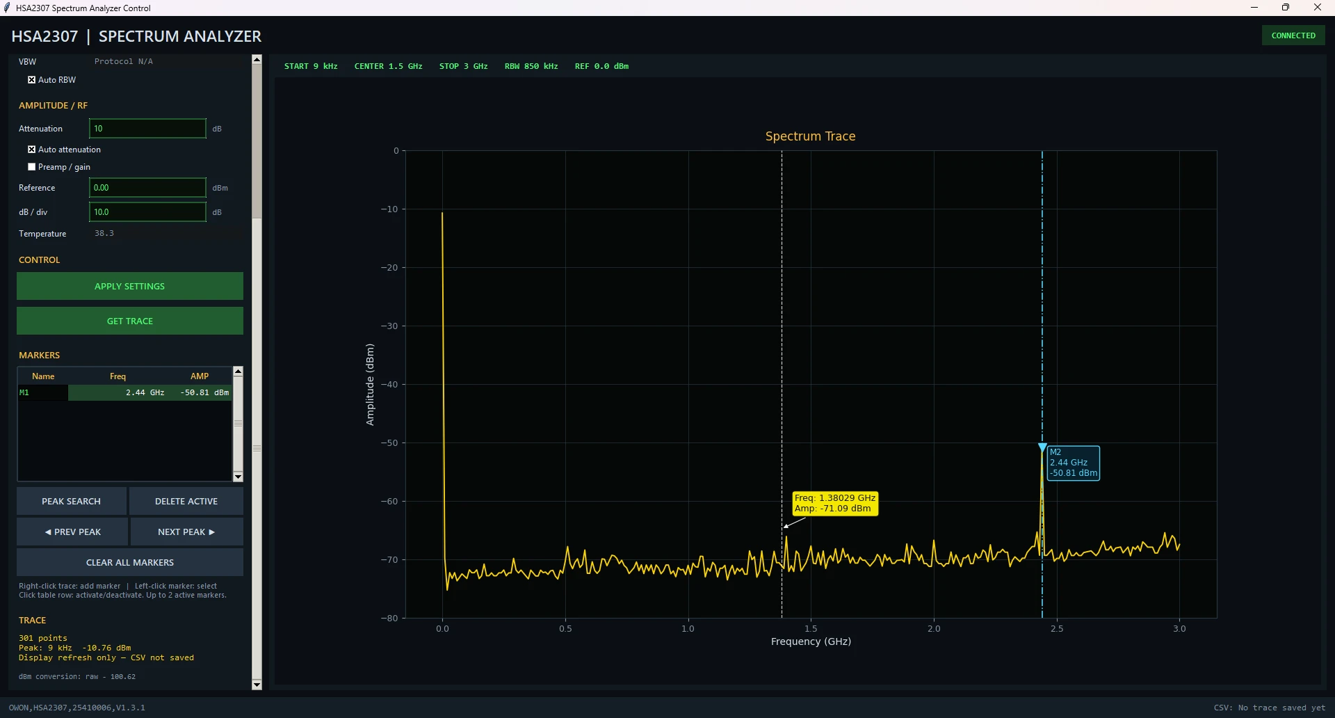 HSA2307 PC interface displaying a recovered spectrum trace and instrument controls