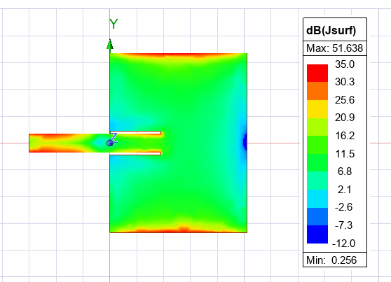 Surface current magnitude on the patch and feed at 3 GHz