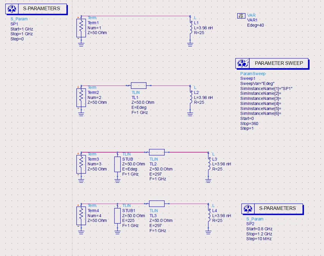 ADS schematic illustrating the step-by-step design of the single-stub matching network.