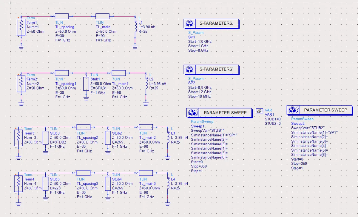 ADS schematic illustrating the step-by-step design of the double-stub matching network.