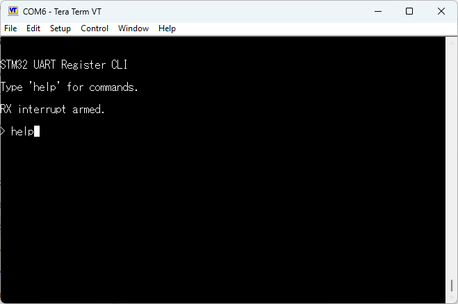Tera Term showing STM32 UART CLI startup and help command entry