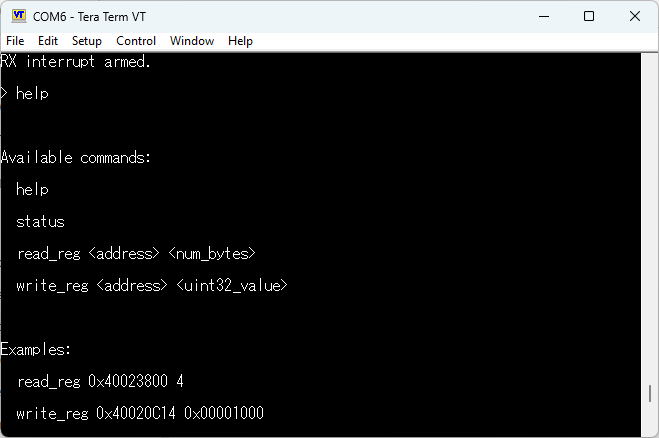 Tera Term output showing help command results