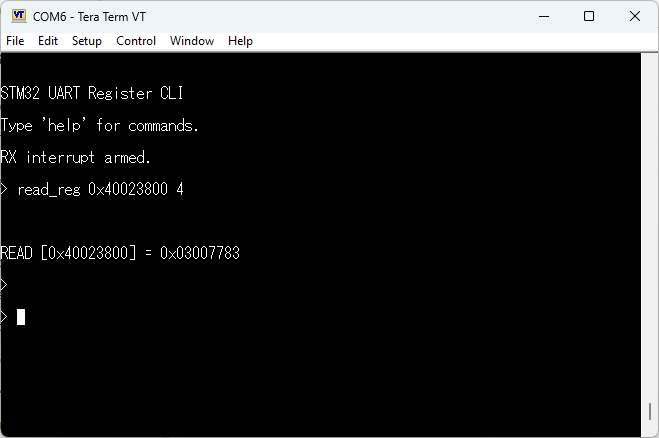 Tera Term output showing read_reg command result