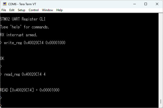 Tera Term output showing write_reg command and register readback
